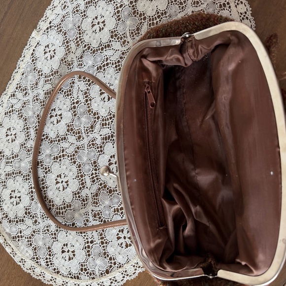 Wool Tweed Brown Ruched Frame Handbag - Picture 6 of 6